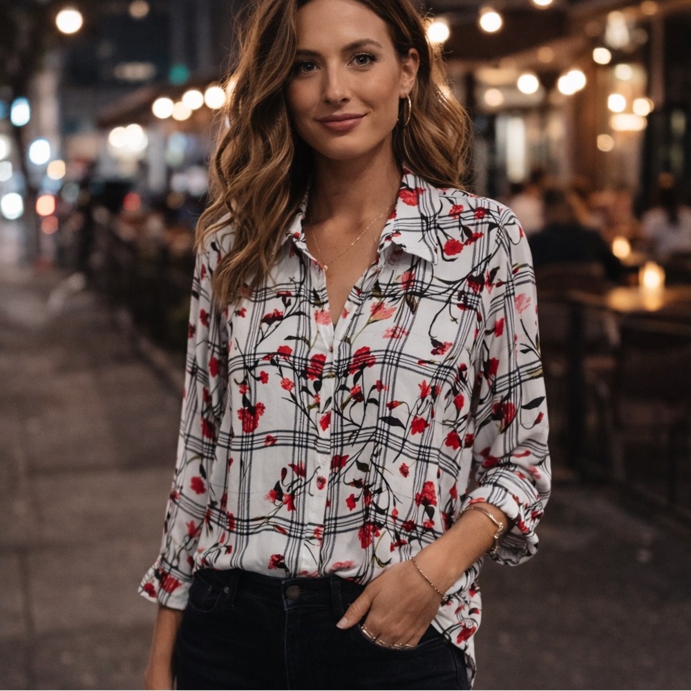 Rachel Roy 14W Floral Plaid Blouse NWOT